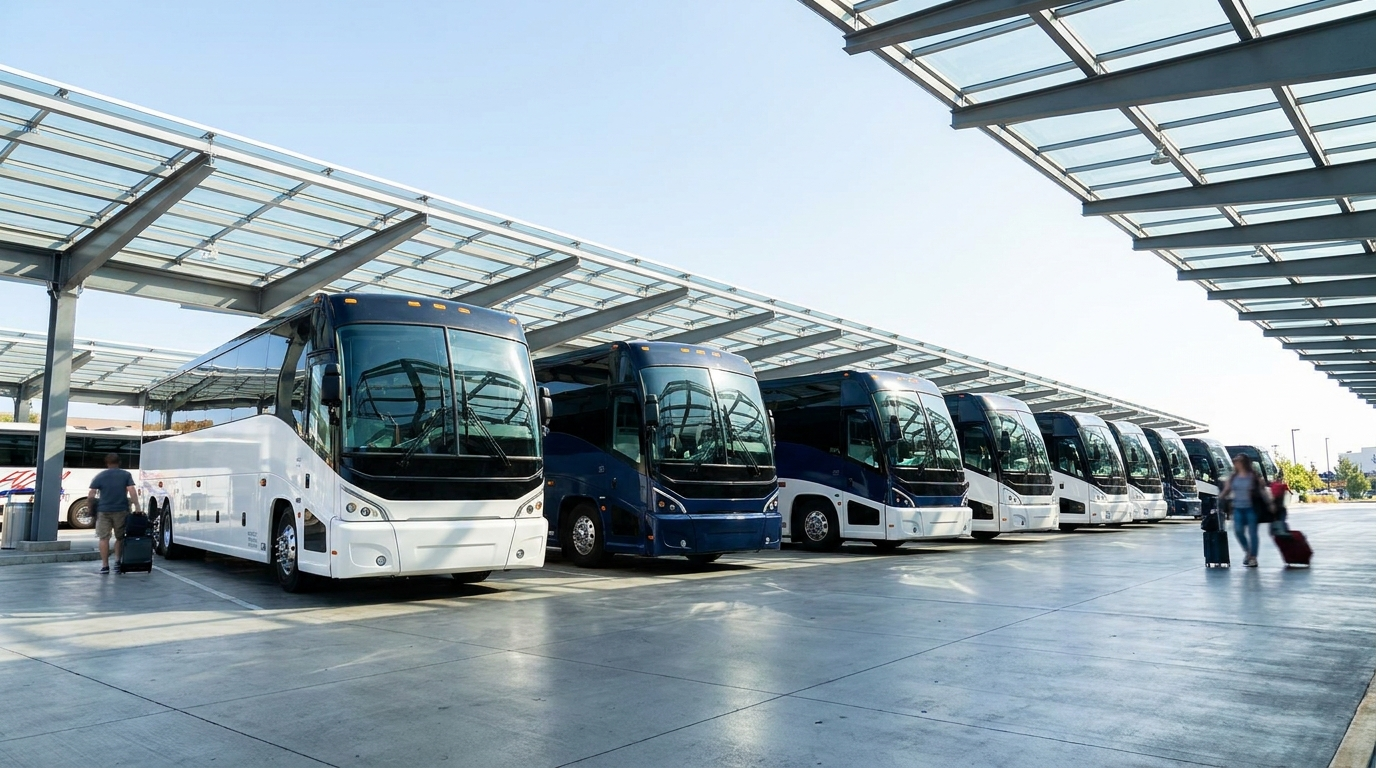 Frota de ônibus de viagem em um terminal moderno