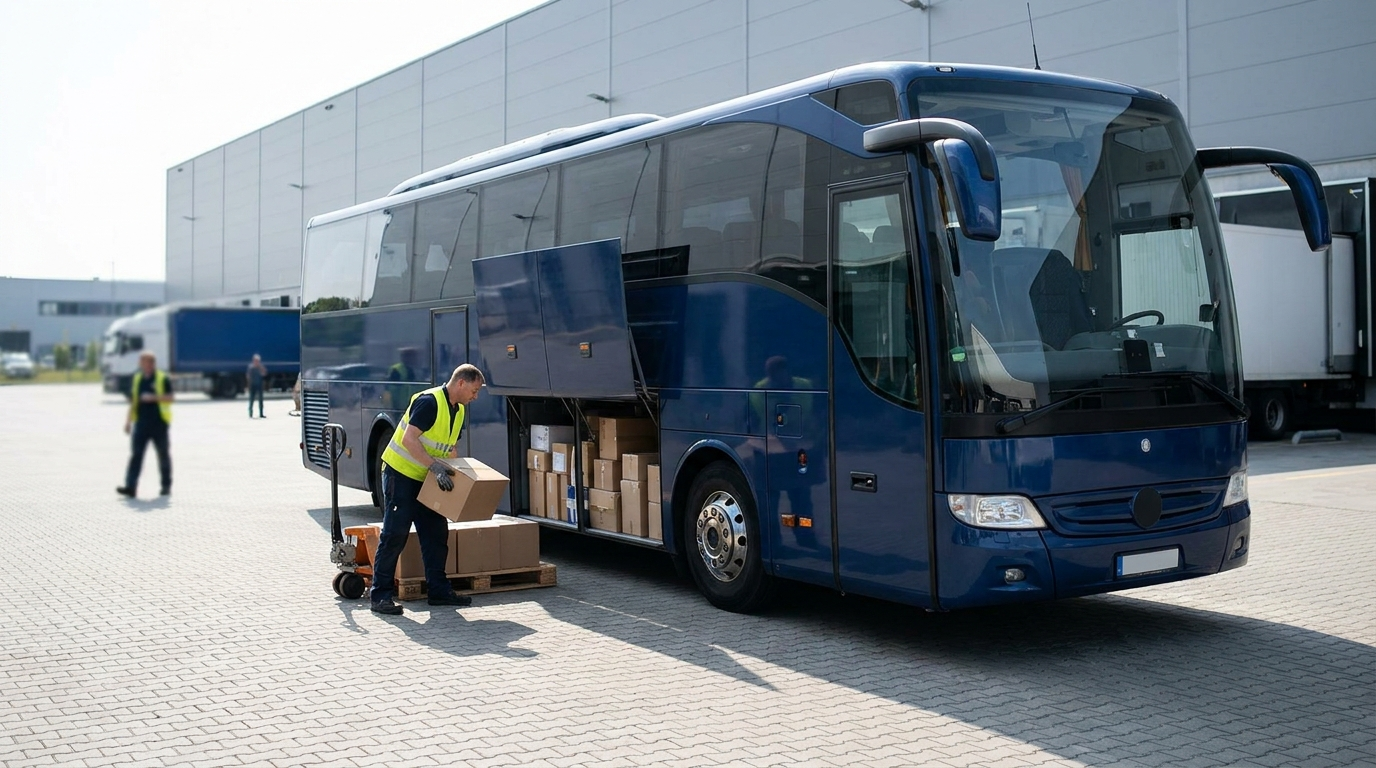 Carregamento de encomendas no bagageiro de um ônibus de viagem