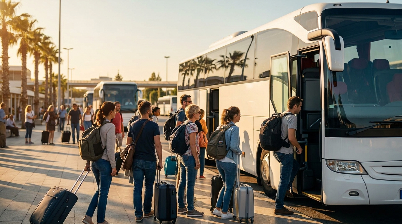 Passageiros embarcando em um ônibus de viagem
