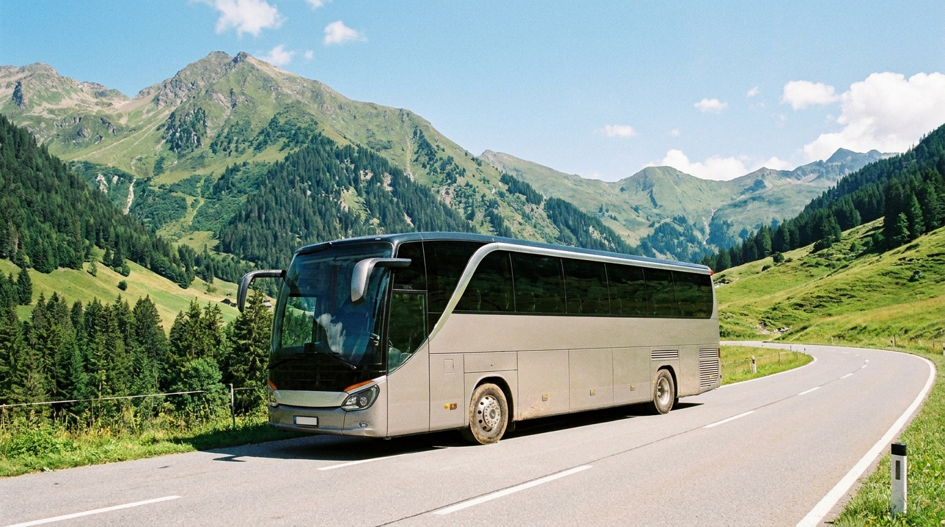 Ônibus de turismo em estrada de montanha