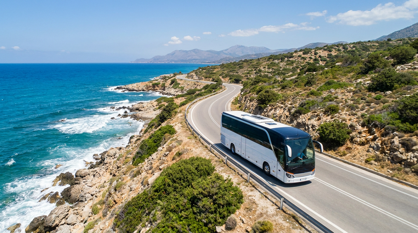 Ônibus de viagem moderno em estrada litorânea