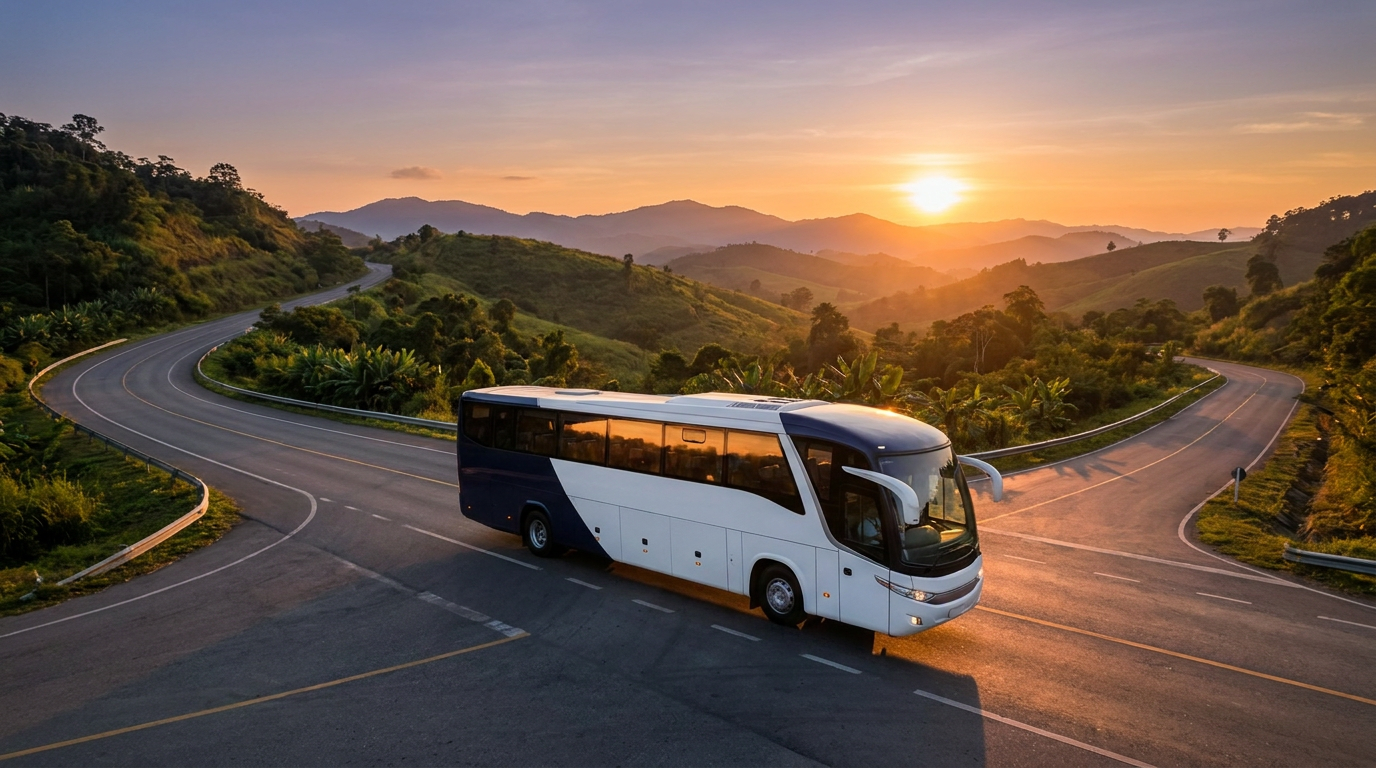 Ônibus de viagem moderno em estrada ao pôr do sol